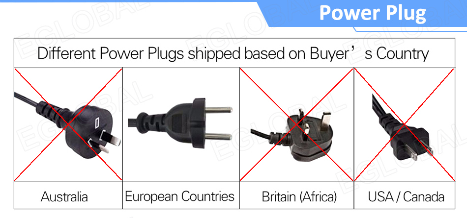 Power Plug Different Power Plugs shipped based on Buyer’ s Country Australia European Countries Britain (Africa) USA/Canada