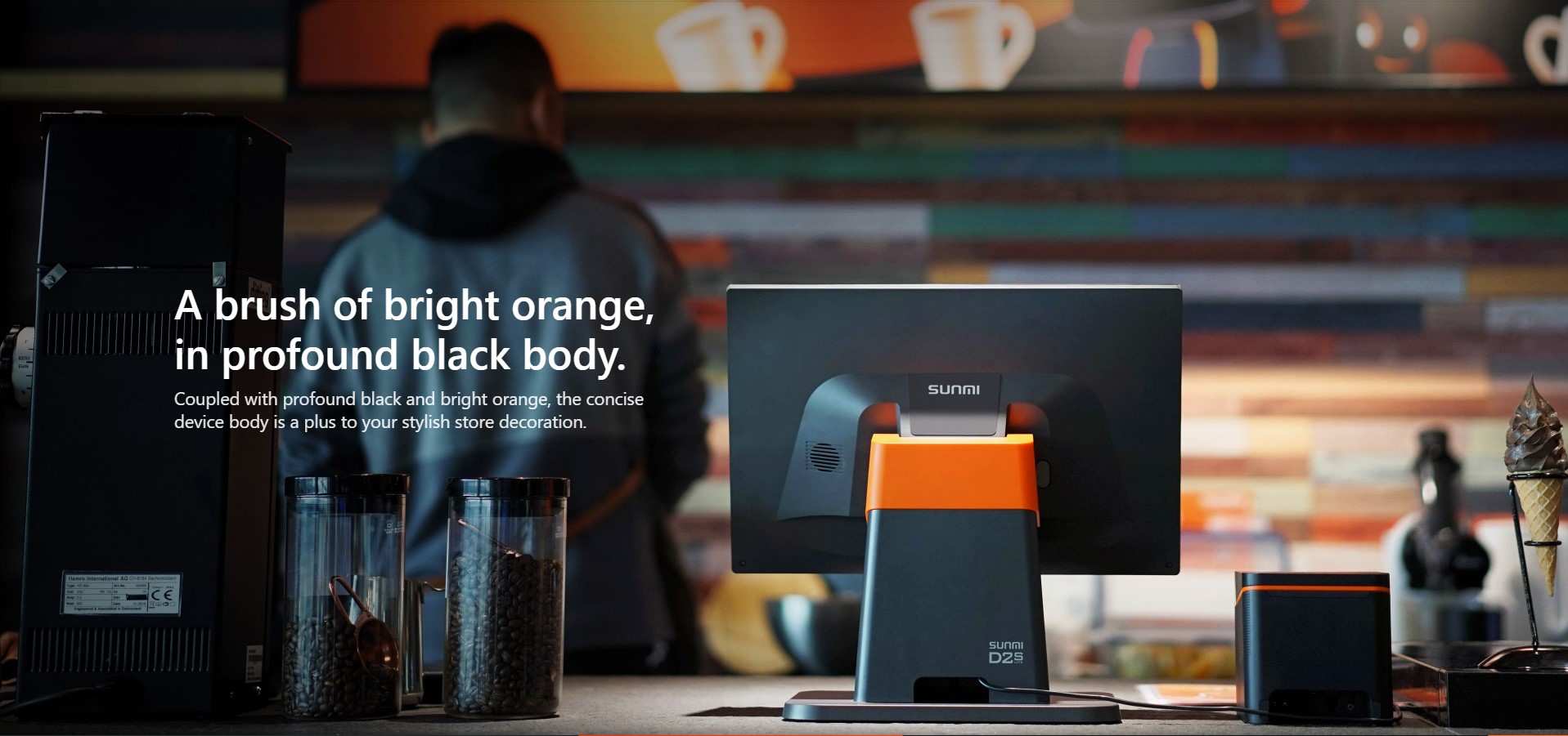 A brush of bright orange, in profound black body. Coupled with profound black and bright orange, the concise device body is a plus to your stylish store decoration.