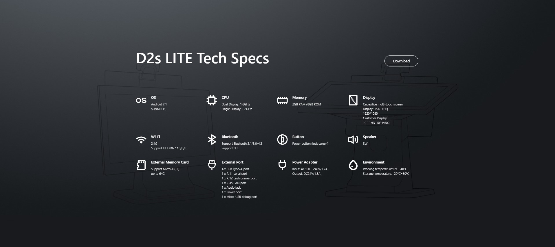 D2s LITE Tech Specs | OS Android 7.1 SUNMI OS | CPU Dual Display: 1.6GHz Single Display: 1.2GHz | Memory 2GB RAM+8GB ROM | Display Capacitive multi-touch screen Display: 15.6'' FHD, 1920*1080 Customer Display: 10.1'' HD, 1024*600 | Wi-Fi 2.4G Support IEEE 802.11b/g/n | Bluetooth Support Bluetooth 2.1/3.0/4.2 Support BLE | Button Power button (lock screen) | Speaker 3W | External Memory Card Support MicroSD(TF) up to 64G | External Port 4 x USB Type-A port 1 x RJ11 serial port 1 x RJ12 cash drawer port 1 x RJ45 LAN port 1 x Audio jack 1 x Power port 1 x Micro-USB debug port | Power Adapter Input: AC100～240V/1.7A Output: DC24V/1.5A | Environment Working temperature: 0℃~40℃ Storage temperature: -20℃~60℃