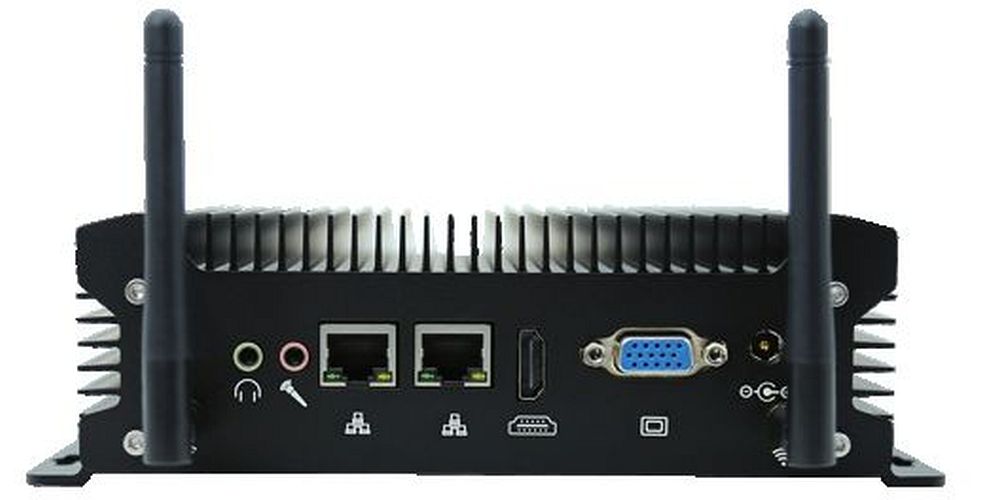 Fanless Industrial Mini Computer G12 Intel i7 DDR4, SSD, M.2, RS232, 2xRJ45, VGA, HDMI, WiFi, BT | Back View