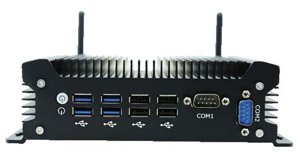 Fanless Industrial Mini Computer G12 Intel i7 DDR4, SSD, M.2, RS232, 2xRJ45, VGA, HDMI, WiFi, BT | Front View