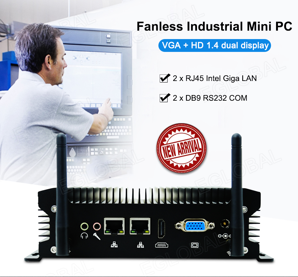 Fanless Industrial Mini PC VGA + HD 1.4 dual display 2 x RJ45 Intel Giga LAN 2 x DB9 RS232 COM