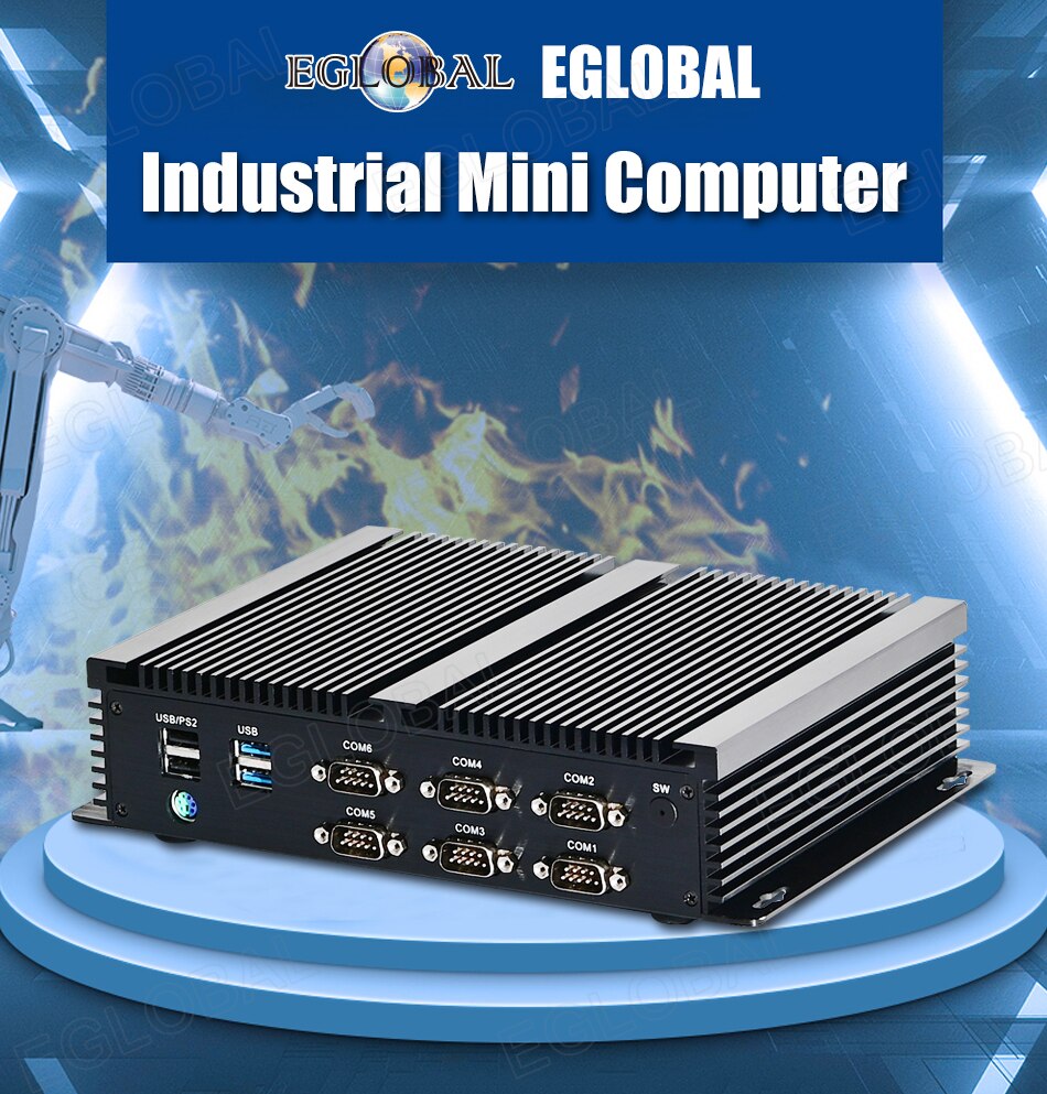 Image of Powerfull Industrial Fanless Mini PC / HTPC / Rugged Computer with CPU Intel Core i7-8550U, 1xDDR4 slot, 6xCOM RS232 ports, 8xUSB ports, VGA, HDMI, 4G SIM slot, dual WiFi for Windows 10 Pro or Linux desktop computing