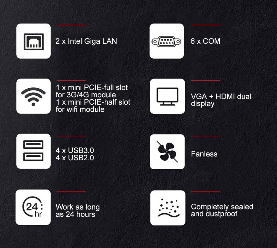 Image of Powerfull Industrial Fanless Mini PC / HTPC / Rugged Computer with CPU Intel Core i7-8550U, 1xDDR4 slot, 6xCOM RS232 ports, 8xUSB ports, VGA, HDMI, 4G SIM slot, dual WiFi for Windows 10 Pro or Linux desktop computing