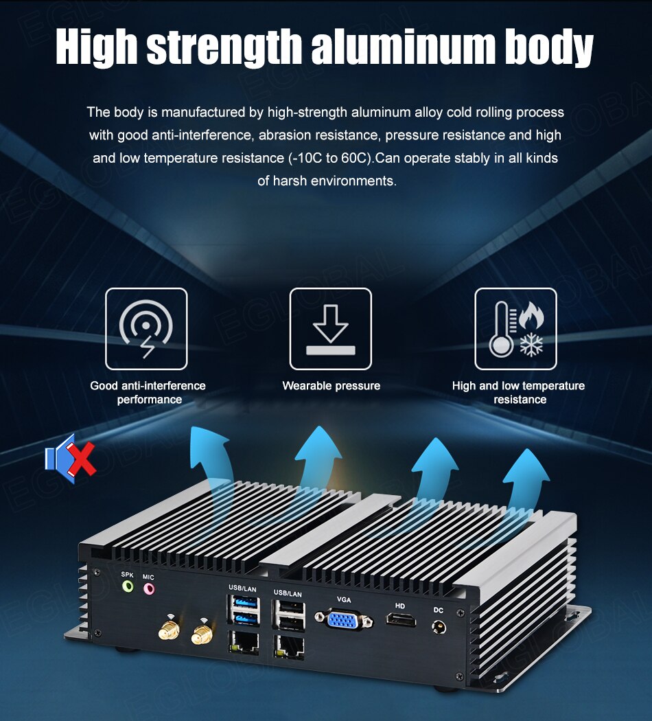Зображення потужного промислового безвентиляторного міні-ПК / HTPC / надійного комп’ютера з ЦП Intel Core i7-8550U, 1 слотом DDR4, 6 портами COM RS232, 8 портами USB, VGA, HDMI, слотом 4G SIM, подвійним Wi-Fi для настільних ПК з Windows 10 Pro або Linux