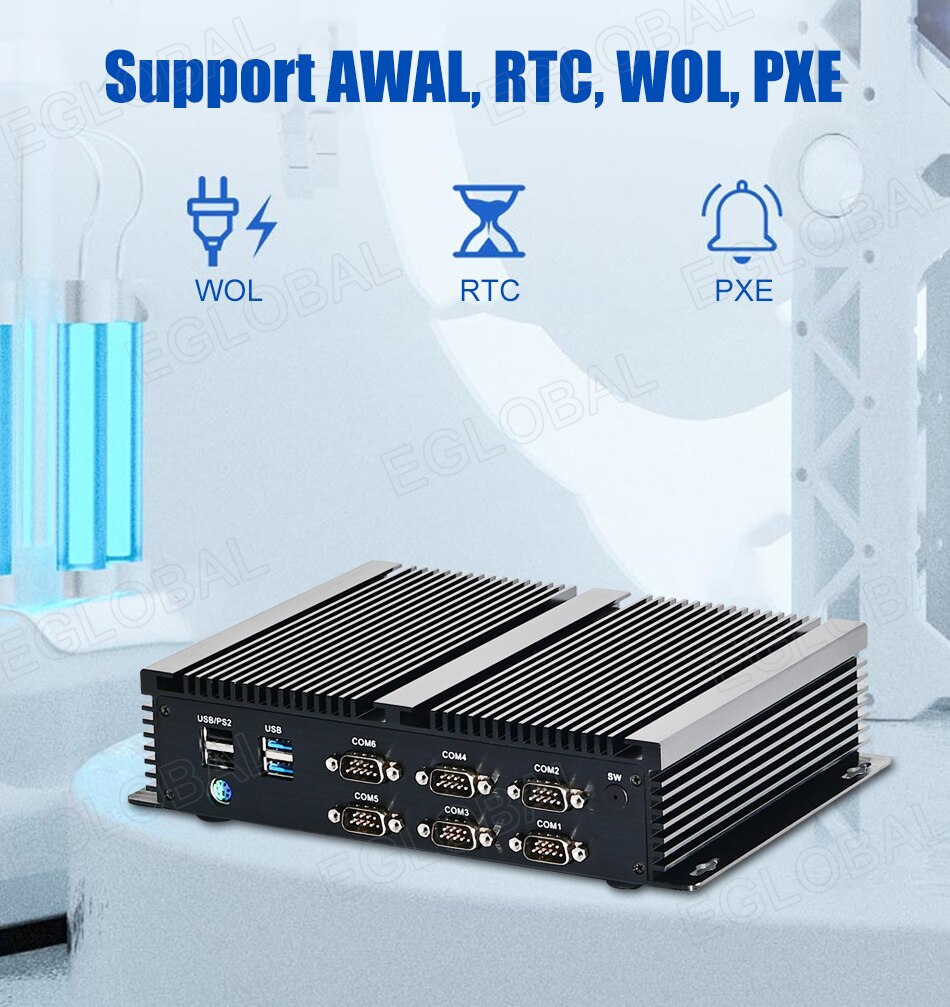 Image of Powerfull Industrial Fanless Mini PC / HTPC / Rugged Computer with CPU Intel Core i7-8550U, 1xDDR4 slot, 6xCOM RS232 ports, 8xUSB ports, VGA, HDMI, 4G SIM slot, dual WiFi for Windows 10 Pro or Linux desktop computing