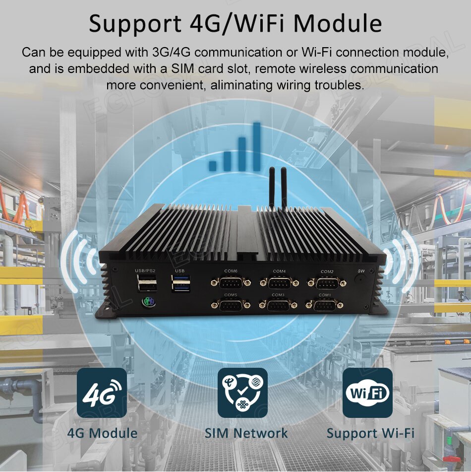 Image of Powerfull Industrial Fanless Mini PC / HTPC / Rugged Computer with CPU Intel Core i7-8550U, 1xDDR4 slot, 6xCOM RS232 ports, 8xUSB ports, VGA, HDMI, 4G SIM slot, dual WiFi for Windows 10 Pro or Linux desktop computing