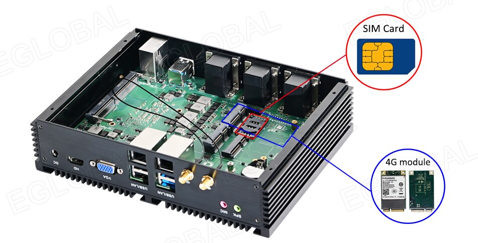 Image of Powerfull Industrial Fanless Mini PC / HTPC / Rugged Computer with CPU Intel Core i7-8550U, 1xDDR4 slot, 6xCOM RS232 ports, 8xUSB ports, VGA, HDMI, 4G SIM slot, dual WiFi for Windows 10 Pro or Linux desktop computing