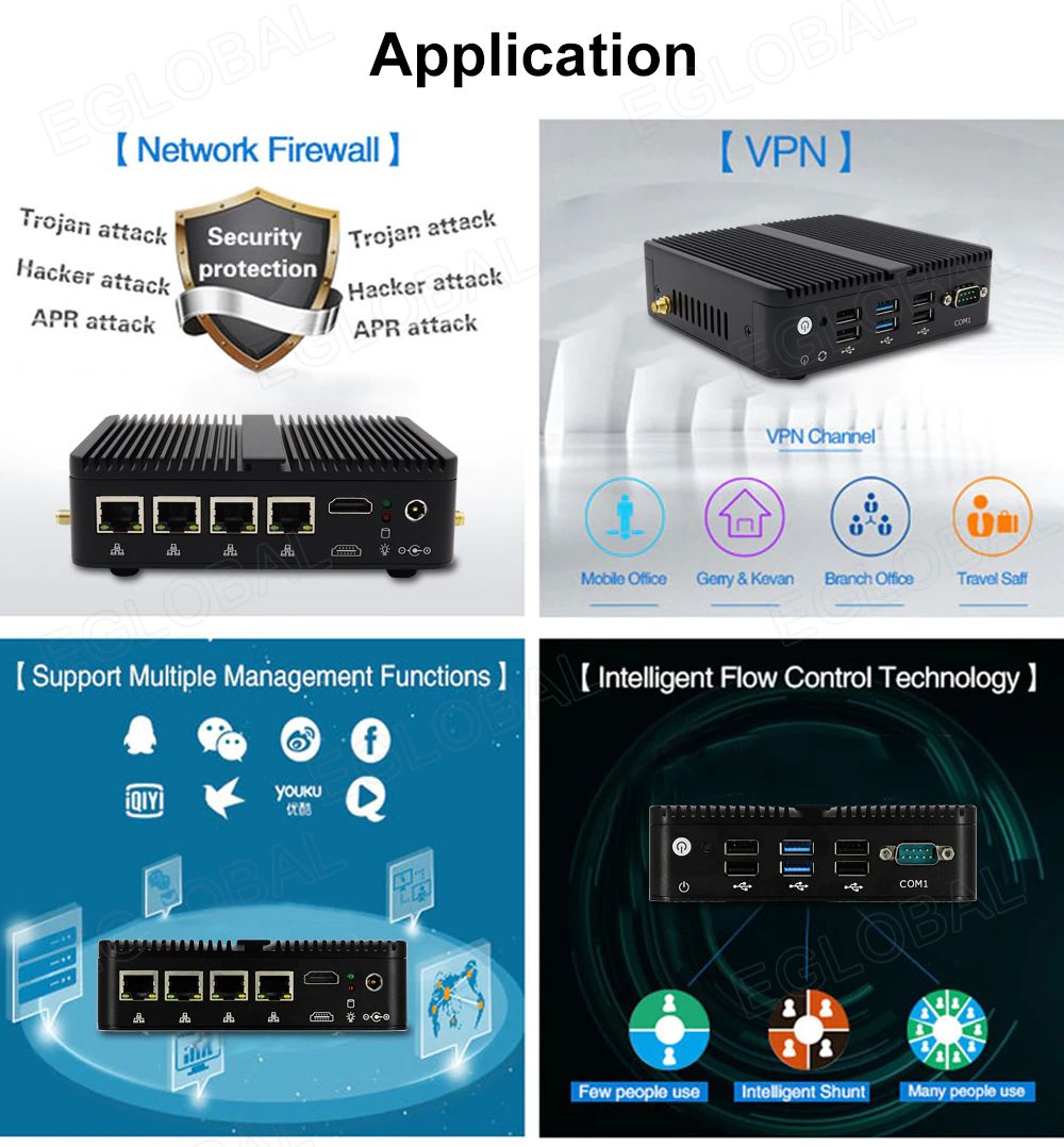 Application [ Network Firewall ] [VPN] Trojan attack, Hacker attack, APR attack, VPN Channel, Mobile Office, Geny Kevan, Branch Office, Travel SaT, [ Support Multiple Management Functions ] [ Intelligent Flow Control Technology ]