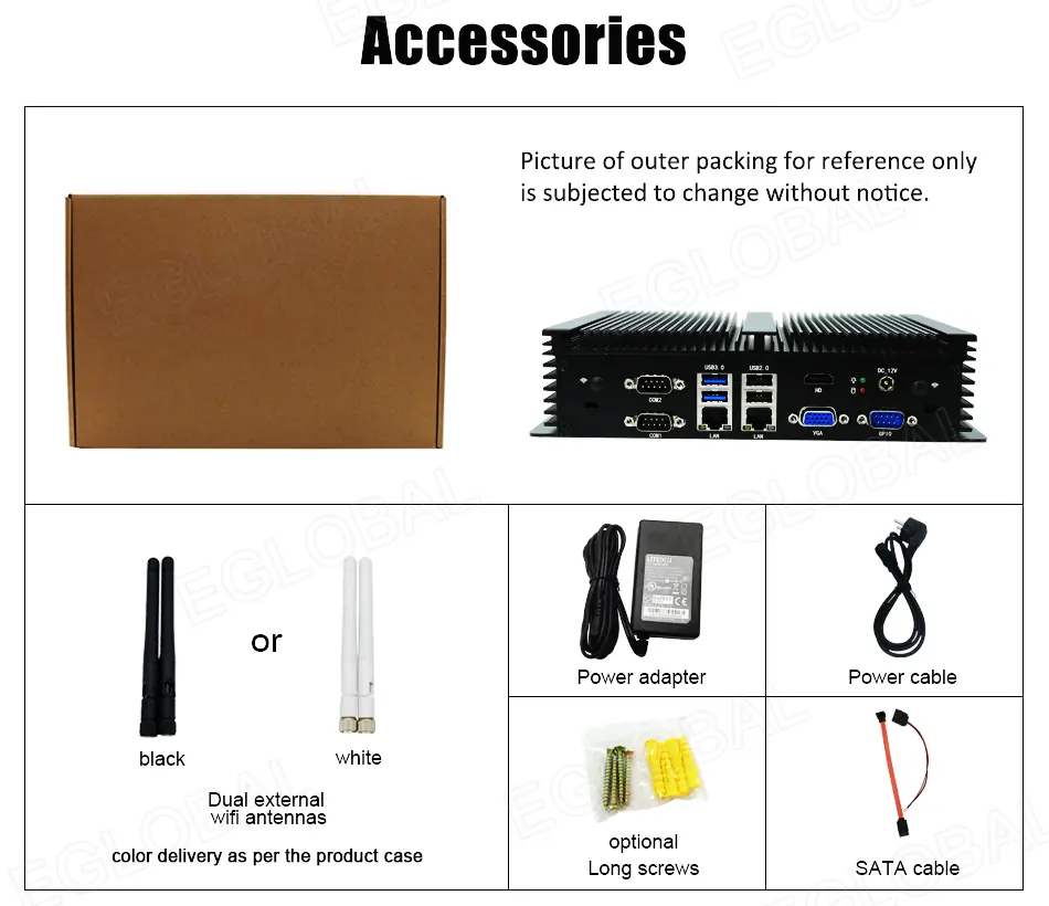 Accessories: Picture of outer packing for reference only is subjected to change without notice. Dual external wifi antennas color delivery as per the product case, Power adapter, Power cable, optional Long screws, SATA cable