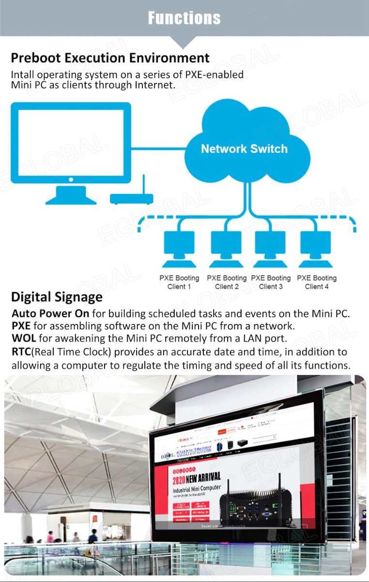 Functions Preboot Execution Environment - Install operating system on a series of PXE-enabled Mini PC as clients through Internet. -PXE Booting Client - Digital Signage - Auto Power On for building scheduled tasks and events on the Mini PC. PXE for assembling software on the Mini PC from a network. WOL for awakening the Mini PC remotely from a LAN port. RTC (Real Time Clock) provides an accurate date and time, in addition to allowing a computer to regulate the timing and speed of all its functions.