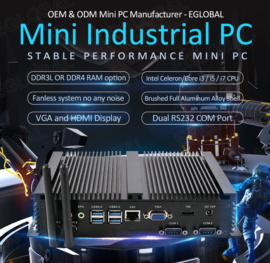 Image of powerful computer with passive cooling for industrial applications: in commerce, production, offices. Well equipped with interfaces for connecting different peripherals