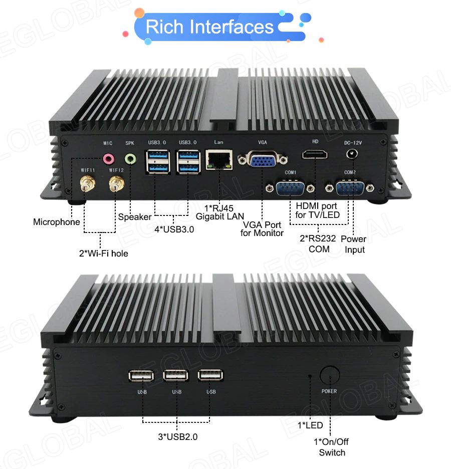 Image of powerful computer with passive cooling for industrial applications: in commerce, production, offices. Well equipped with interfaces for connecting different peripherals