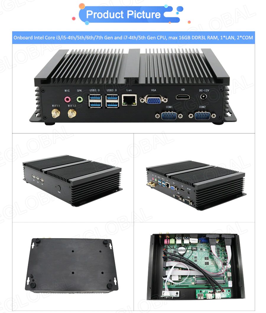 Image of powerful computer with passive cooling for industrial applications: in commerce, production, offices. Well equipped with interfaces for connecting different peripherals