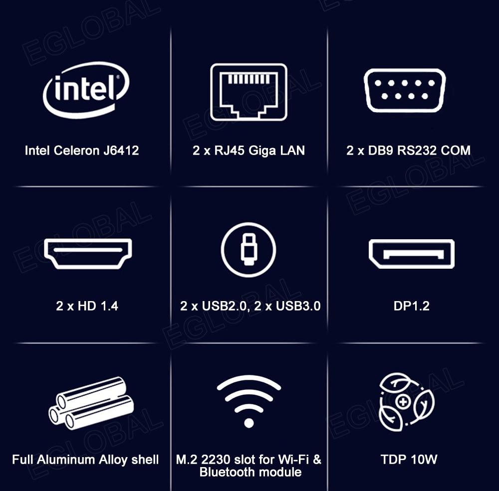 intel Intel Celeron J6412 2 x RJ45 Giga LAN 2 x DB9 RS232 COM 2x HD 1.4 2 x USB2.0, 2 x USB3.0 DP1.2 Full Aluminum Alloy shell TDP 10W M.2 2230 slot for Wi-Fi & Bluetooth module