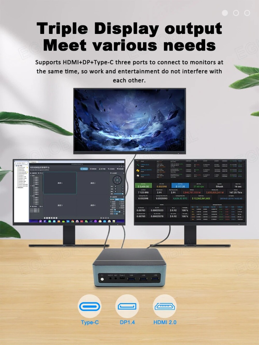 Triple Display output Meet various needs Supports HDMI+DP+Type-C three ports to connect to monitors at the same time, so work and entertainment do not interfere with each other. Type-C, DP1.4, HDMI 2.0