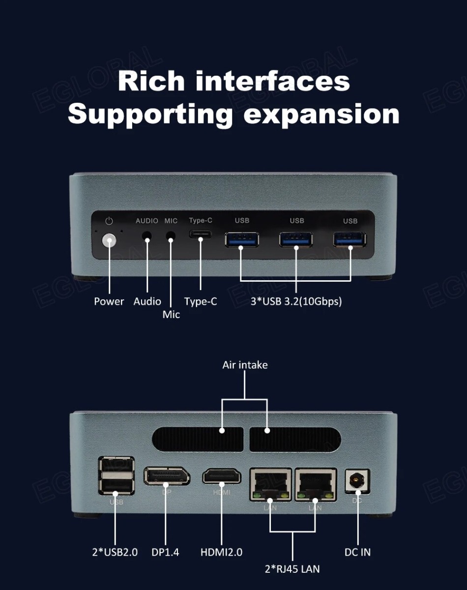 Rich interfaces Supporting expansion Power Audio Mic Type-C 3*USB 3.2(10Gbps) 2*USB2.0 DP1.4 HDMI2.0 2*RJ45 LAN DC IN