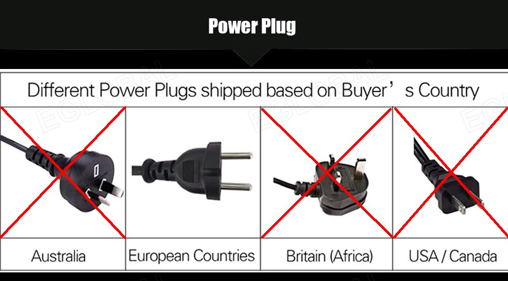 Power Plug Different Power Plugs shipped based on Buyer’ s Country Australia European Countries Britain (Africa) USA/Canada