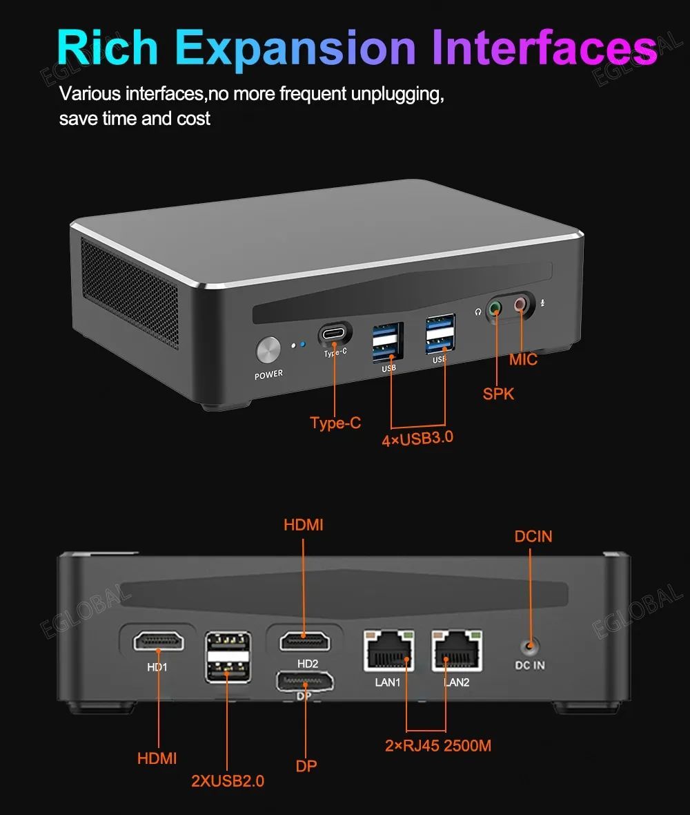 VenBOX F9 Gaming mini PC | Rich Expansion Interfaces Various interfaces,no more frequent unplugging, save time and cost Type-C 4xUSB3.0 HDMI DCIN DC IN SPK HDMI 2xUSB 2.0 DP 2xRJ45 2500M LAN1 LAN2 POWER