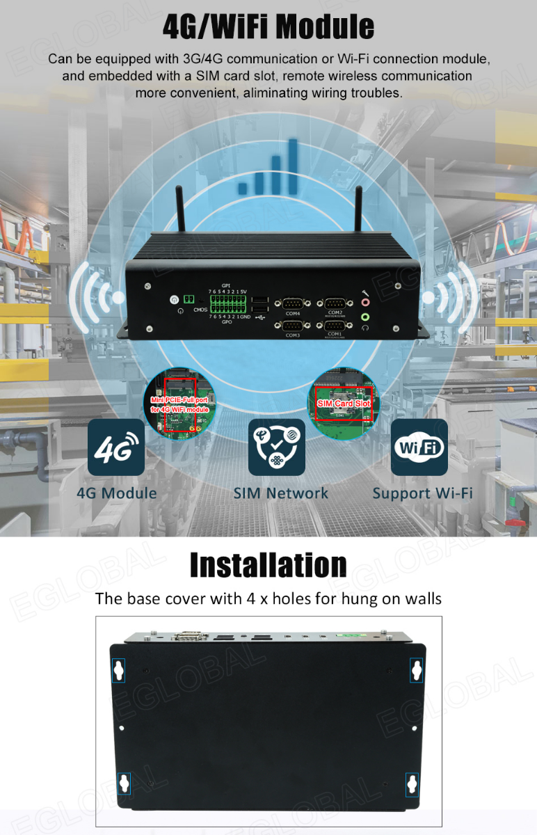 4G/WIFI Module Can be equipped with 3G/4G communication or Wi-Fi connection module, and embedded with a SIM card slot, remote wireless communication more convenient, aliminating wiring troubles. Support Wi-Fi Installation The base cover with 4 x holes for hung on walls