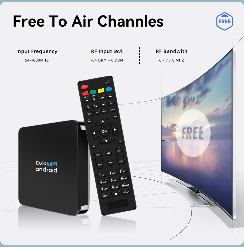 Android DTV Set Top Box VenBOX M8T z kanałami DVB-T2 FTA, OTT, 4K, Dual Wifi | Kanały Free To Air Częstotliwość wejściowa 54-860MHZ Poziom wejściowy RF -84 DBM ~ 0 DBM Pasmo RF 6/7/8 MHZ