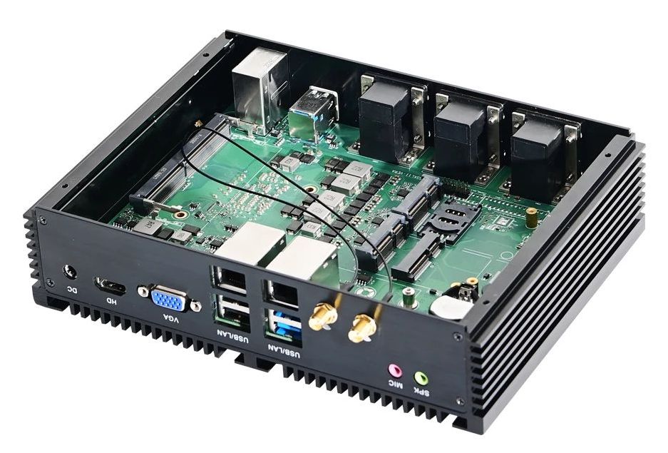 Inside of powerful computer with passive cooling for industrial applications: in commerce, production, offices.&nbsp;Well equipped with interfaces for connecting different peripherals