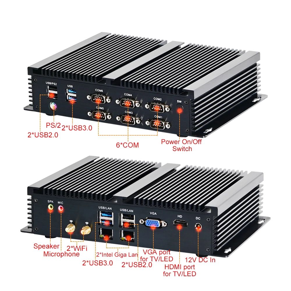 Connections of Powerfull Industrial Fanless Mini PC / HTPC / Rugged Computer with CPU Intel Core i7-8550U, 1xDDR4 slot, 6xCOM RS232 ports, 8xUSB ports, VGA, HDMI, 4G SIM slot, dual WiFi for Windows 10 Pro or Linux desktop computing