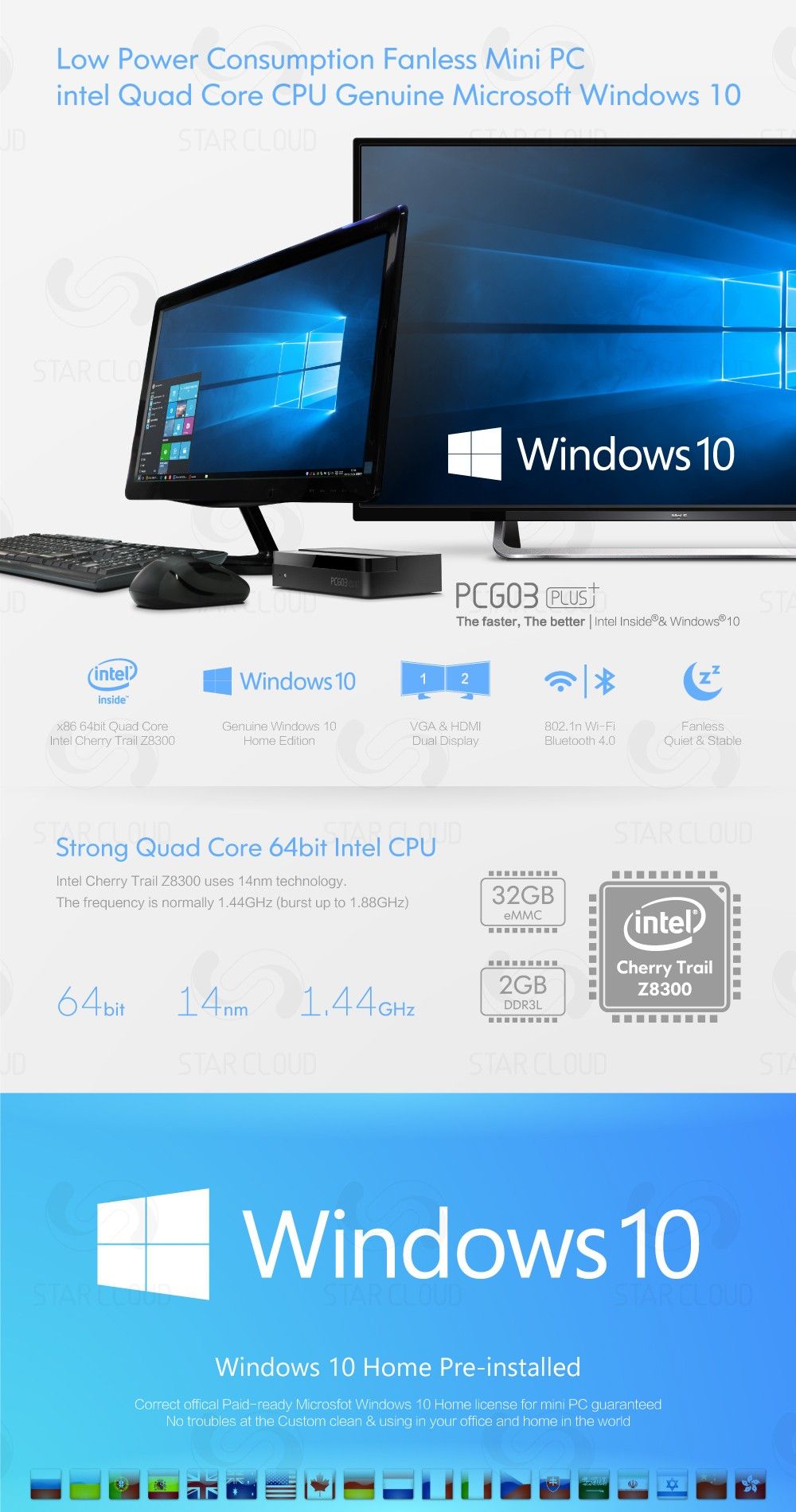 Low Power Consumption Fanless Mini PC intel Quad Core CPU Genuine Microsoft Windows 10 The faster, The better | Intel lnside®& Windows®10 Windows 10 Inside x86 64bit Quad Core Genuine Windows 10 VGA&HDMI 802.1n Wi-Fi Fanless Intel Cherry Trail Z8300 Home Edition Dual Display Bluetooth 4.0 Quiet & Stable Strong Quad Core 64bit Intel CPU Intel Cherry Trail Z8300 uses 14nm technology. The frequency is normally 1.44GHz (burst up to 1,88GHz) 32GB eMMC 2GB DDR3L 64bit 14nm 1.44GHZ