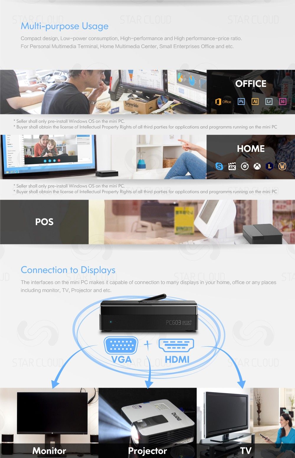 Multi-purpose Usage Compact design, Low-power consumption, High-performance and High performance-price ratio. For Personal Multimedia Terminal, Home Multimedia Center, Small Enterprises Office and etc. 1.	Seller shall only pre-install Windows OS on the mini PC. 2.	Buyer shall obtain the license of Intellectual Property Rights of all third parties for applications and programs running on the mini PC 3.	Seller shall only pre-install Windows OS on the mini PC. 4.	Buyer shall obtain the license of Intellectual Property Rights of all third parties for applications and programms running on the mini PC Connection to Displays The interfaces on the mini PC makes it capable of connection to many displays in your home, office or any places including monitor, TV, Projector and etc.