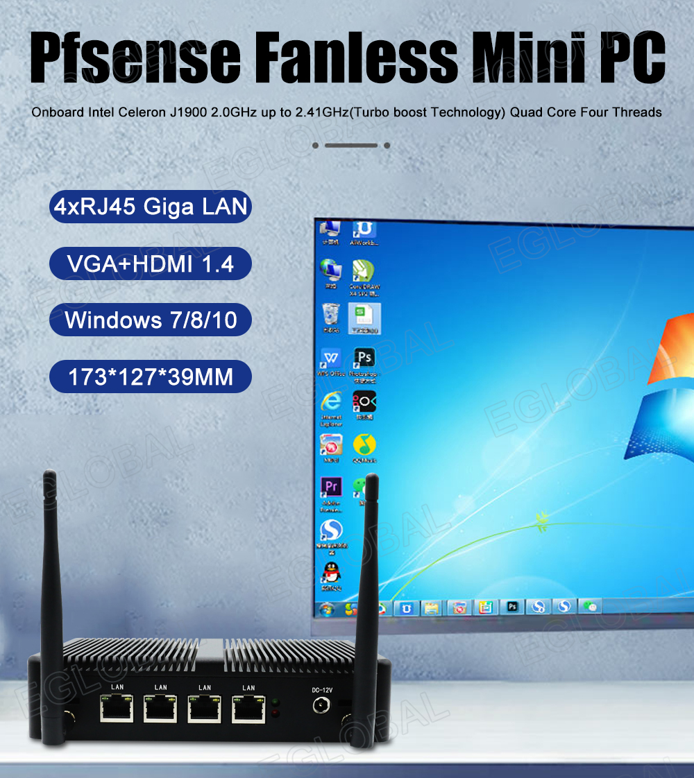 Pfsense Fanless Mini PC Onboard Intel Celeron J1900 2.0GHz up to 2.41GHz(Turbo boost Technology) Quad Core Four Threads 2.5GbE 4xRJ45 GigaLAN VGA+HDMI 1.4 Windows 7/8/10^ 173*127*39MM ]