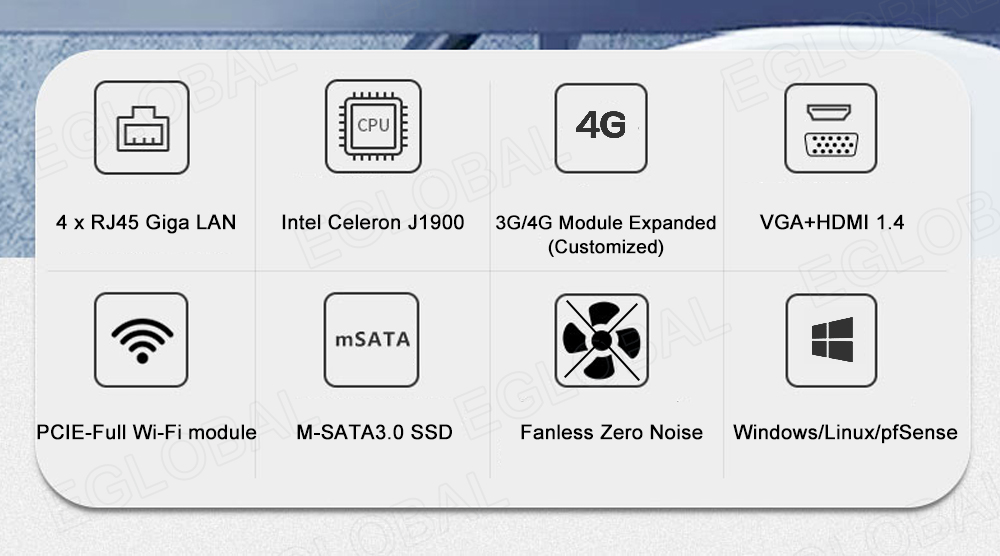 4 x RJ45 Giga LAN Intel Celeron J1900 mSATA PCIE-Full Wi-Fi module M-SATA3.0 SSD 4G 3G/4G Module Expanded (Customized) VGA+HDMI 1.4 Fanless Zero Noise Windows/Linux/pfSense