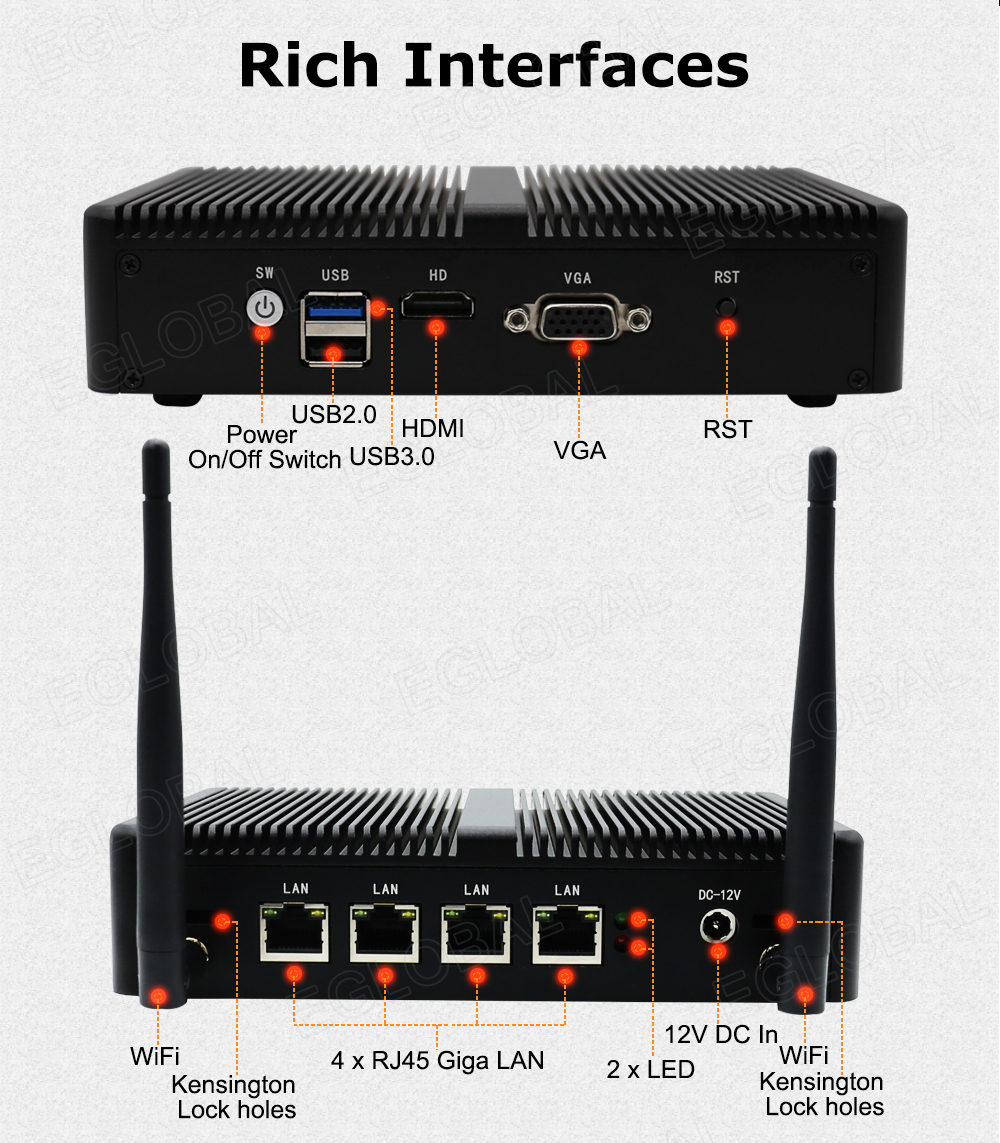 Rich Interfaces PowerUSB2° HDMI	RST B On/Off Switch USB3.0	VGA 12V DC In WiFi	4 x RJ45 Giga LAN 2 x LED W|F| Kensington	Kensington Lock holes	Lock holes