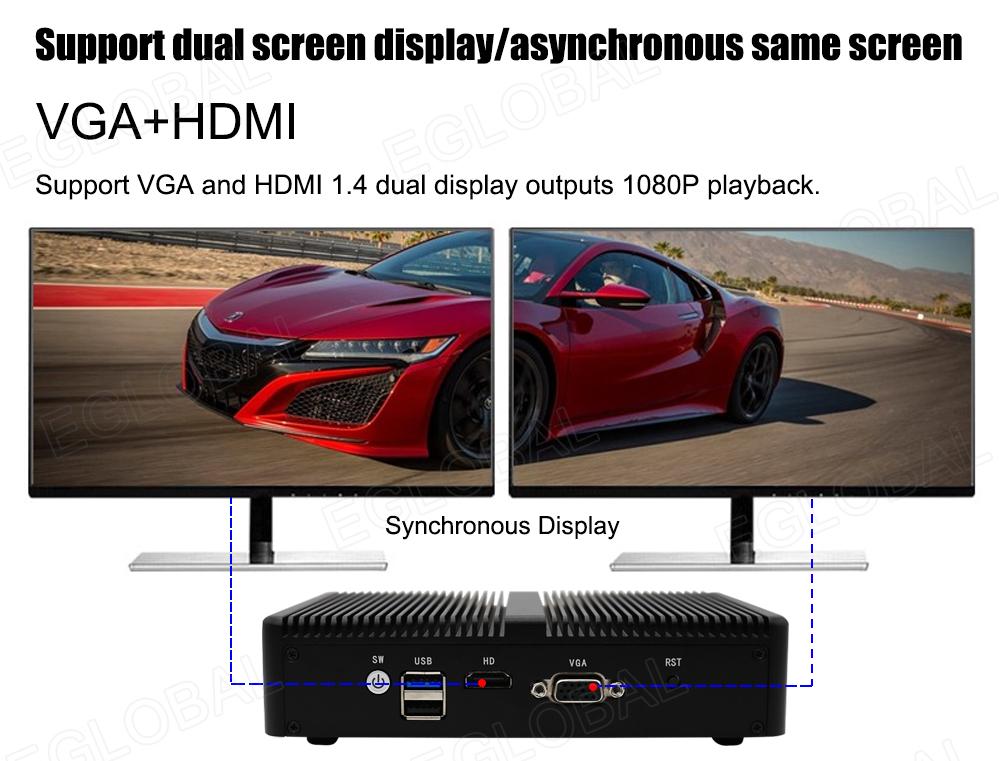 Support dual screen display/asyuchronous same screen VGA+HDMI Support VGA and HDMI 1.4 dual display outputs 1080P playback.