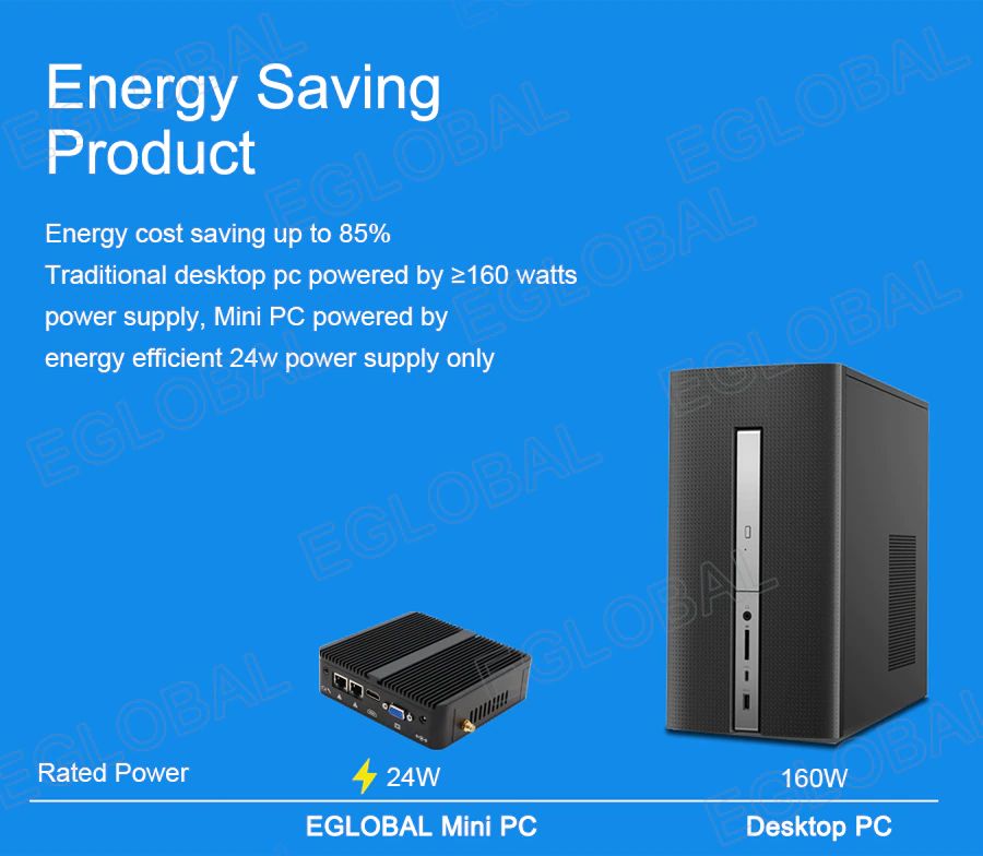 Energy Saving Product | Energy cost saving up to 85% | Traditional desktop pc powered by >160 watts power supply, Mini PC powered by energy efficient 24w power supply only | Rated Power 24 W EGLOBAL Mini PC vs 160W Desktop PC