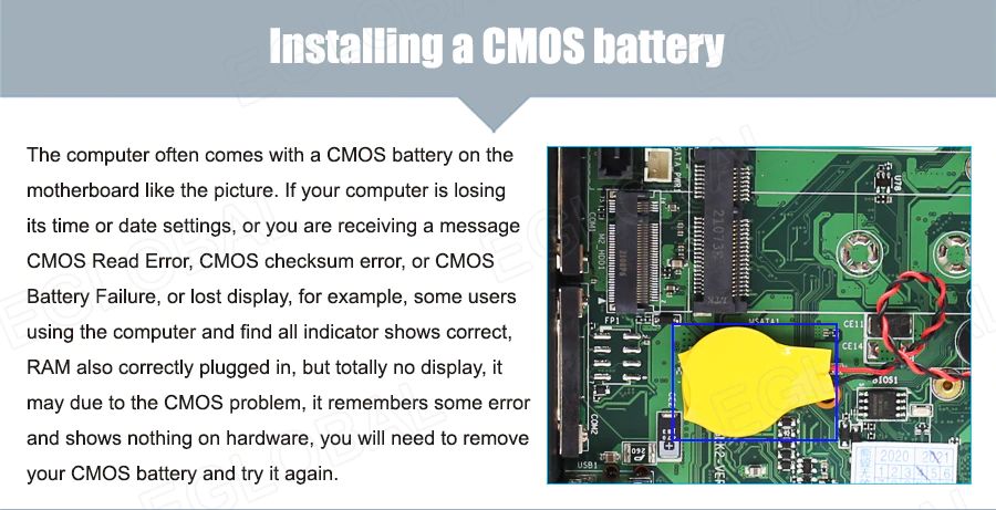 Zainstalowana bateria CMOS — komputer jest wyposażony w baterię CMOS na płycie głównej, tak jak na zdjęciu. Jeśli komputer nie ma baterii CMOS, to traci ustawienia godziny lub daty lub na przykład pojawia się komunikat Błąd odczytu CMOS, błąd sumy kontrolnej CMOS lub Awaria baterii CMOS lub utracony wyświetlacz. Również niektórzy użytkownicy korzystający z komputera stwierdzą, że wszystkie wskaźniki są prawidłowe, pamięć RAM również prawidłowo zainstalowana, ale całkowicie nie wyświetla żadnego sygnalu, może to być spowodowane problemem z CMOS, pamięta jakiś błąd i nic nie pokazuje na sprzęcie, musisz wyjąć baterię CMOS i spróbować ponownie.