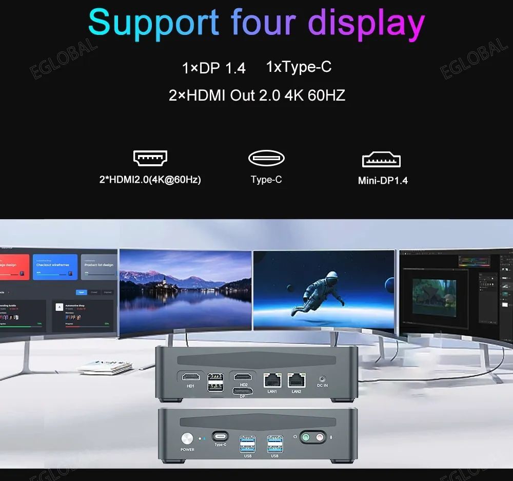 VenBOX F9 Gaming mini PC | Support four display 1xDP1.4 1xType-C 2xHDMI Out 2.0 4K 60HZ 2*HDMI2.0(4K@60Hz) Type-C	Mini-DP 1.4