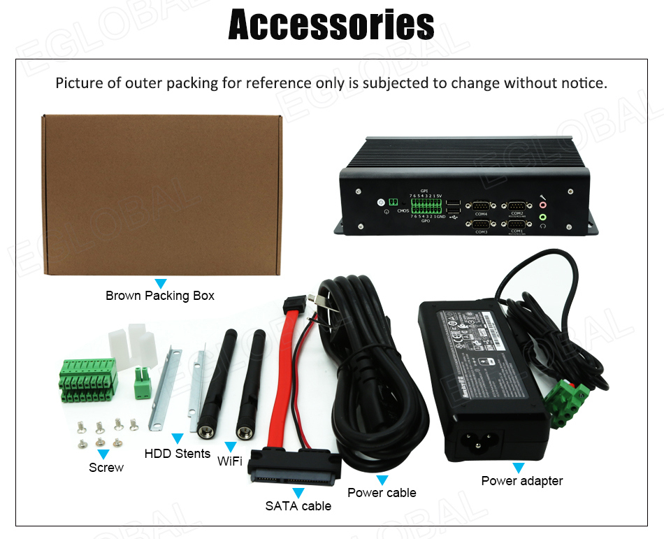 Accessories: Picture of outer packing for reference only is subjected to change without notice. SATA cable, Brown Packing Box, Screw HDD, Stents, WiFi, Power cable, Power adapter