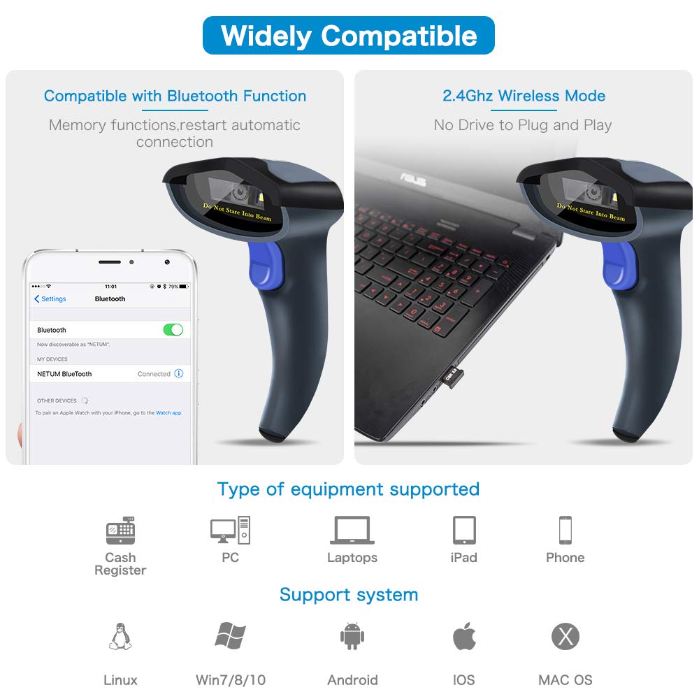 Widely Compatible Compatible with Bluetooth Function Memory functions, restart automatic connection Type of equipment supported 2.4Ghz Wireless Mode Cash Register PC Laptops iPad Phone Support system Linux Win7/8/10 Android iOS MAC OS